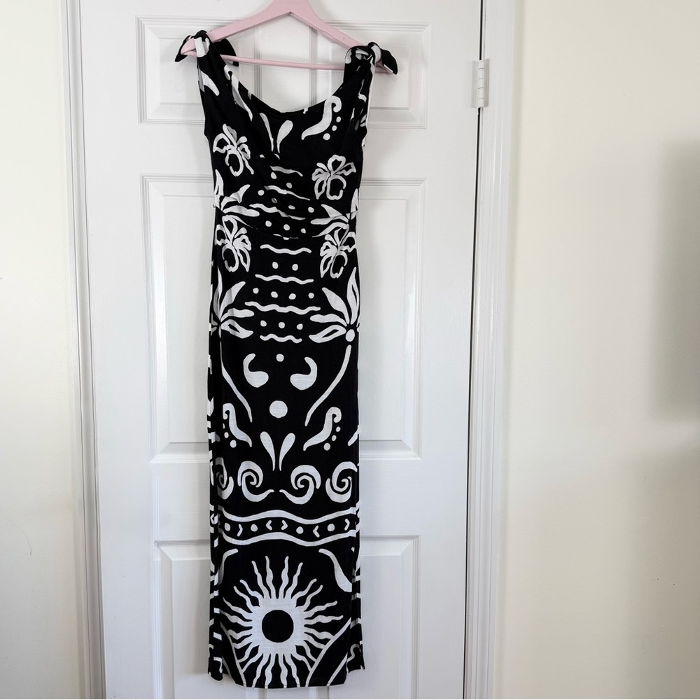 NEW White Closet Elegant LINEN Black and White Maxi Dress XS